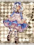  1boy alice_in_wonderland brown_eyes crossdress crossdressing dark_skin dress eyepatch frown full_body hair_ribbon highres inazuma_eleven inazuma_eleven_(series) lolita_fashion male male_focus mary_janes pantyhose puico ribbon sakuma_jirou shoes solo trap white_hair 