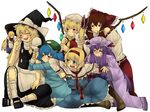  alice_margatroid bad_id bad_pixiv_id blonde_hair blue_hair bow brown_hair flandre_scarlet hair_bow hairband hakurei_reimu harem hat holding kawashiro_nitori kirisame_marisa multiple_girls patchouli_knowledge purple_hair shanghai_doll touhou two_side_up witch_hat yomosaka 