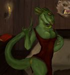  2019 anthro argonian bed big_breasts book breasts butt claws clothed clothing digital_media_(artwork) female looking_at_viewer lusty_argonian_maid reptile saliva scale scalie smile solo standing teeth the_elder_scrolls tongue tongue_out video_games 