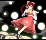  bow brown_eyes brown_hair danmaku detached_sleeves hair_bow hakurei_reimu japanese_clothes katanakko_daisuki letterboxed long_hair magic_circle navel night outstretched_arms solo touhou 