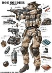  2001 blue_eyes canine dog ears_back gas_mask grenade gun japanese_text karabiner knife male military military_uniform model_sheet standing weapon 