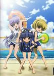  ball barefoot beach blonde_hair cloud day furude_rika hand_on_hip hanyuu higurashi_no_naku_koro_ni houjou_satoko kuroda_kazuya multiple_girls official_art one-piece_swimsuit outdoors scan school_swimsuit shirt sky summer sunglasses sunlight swimsuit volleyball_net whistle 