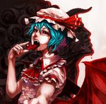  bad_id bad_pixiv_id blood blue_hair demon face fangs food fruit gargoyle hands hat licking open_mouth red_eyes remilia_scarlet solo strawberry teeth tomo7266 tongue touhou wings 