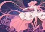  boots bow dress gloves hair_bow highres kaname_madoka long_hair magical_girl mahou_shoujo_madoka_magica pink_footwear pink_hair sanmi_tenten smile solo space spoilers thighhighs twintails ultimate_madoka very_long_hair white_gloves yellow_eyes 