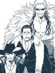  3boys cigar donquixote_doflamingo dracule_mihawk facial_hair goatee hat hydroball jewelry male male_focus monochrome multiple_boys muscle mustache necklace one_piece open_clothes open_shirt scar shichibukai shirt simple_background sir_crocodile size_difference smoking standing sunglasses tongue 