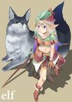  animal_ears asymmetrical_clothes belt blonde_hair blue_eyes boots bow bow_(weapon) elf gloves hat holding midriff navel original pointy_ears sitting solo sts tree_stump weapon 