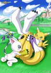  blush breasts canine cat digihentai digimon feline fox gatomon licking on_back pussy renamon tongue 