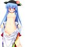  blue_hair blush food hat hinanawi_tenshi long_hair nipples nopan red_eyes topless touhou white 