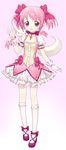  :3 bow brown_eyes choker comiccho gloves hair_bow highres jewelry kaname_madoka kneehighs kyubey mahou_shoujo_madoka_magica pendant pink_hair puffy_sleeves red_choker red_eyes short_hair short_twintails skirt twintails 