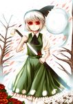  absurdres bare_tree black_hairband danbo_(rock_clime) flower ghost hairband highres hitodama katana konpaku_youmu konpaku_youmu_(ghost) lily_(flower) petals red_eyes red_flower red_rose rose scabbard sheath solo sword tassel touhou tree unsheathing weapon white_hair 