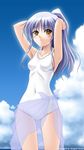  alternate_hairstyle angel_beats! armpits blue_hair blue_sarong highres horiguchi_hiroshi long_hair one-piece_swimsuit ponytail sarong solo swimsuit tenshi_(angel_beats!) translucent_sarong transparent white_swimsuit yellow_eyes 