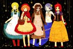  ;) akemi_homura alice_(wonderland) alice_(wonderland)_(cosplay) alice_in_wonderland bad_id bad_pixiv_id black_background blonde_hair blue_hair braid brown_hair cinderella cinderella_(grimm) cinderella_(grimm)_(cosplay) closed_eyes cosplay drill_hair glasses grimm's_fairy_tales kaname_madoka little_red_riding_hood little_red_riding_hood_(grimm) little_red_riding_hood_(grimm)_(cosplay) long_hair looking_at_viewer mahou_shoujo_madoka_magica mermaid midriff miki_sayaka monster_girl monsterification multiple_girls nodoka_glasses nomiya_(no_38) one_eye_closed orange_hair original patches picnic_basket red-framed_eyewear red_hair sakura_kyouko scales seashell shell shell_bikini short_hair smile snow_white snow_white_(grimm) standing the_little_mermaid the_little_mermaid_(andersen) the_little_mermaid_(andersen)_(cosplay) tomoe_mami twin_braids 