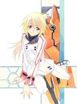  agahari androgynous blonde_hair charlotte_dunois infinite_stratos long_hair long_sleeves pants purple_eyes rafale_revive_custom_ii school_uniform sitting smile solo yokozuwari 