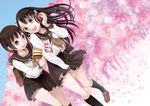  black_hair brown_eyes brown_hair headphones highres long_hair matsuzaki_miyuki multiple_girls original school_uniform serafuku skirt 