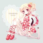  blonde_hair bloomers brown_eyes cranberry dress drinking_straw karunabaru original polka_dot polka_dot_dress red_dress red_footwear shoes side_ponytail sitting solo underwear 