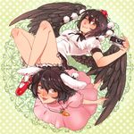  animal_ears bad_id bad_pixiv_id black_hair black_wings blush brown_eyes bunny_ears bunny_tail camera carrot carrot_necklace dress hat hentairyuzi inaba_tewi jewelry multiple_girls necklace one_eye_closed pendant shameimaru_aya short_hair skirt smile tail tokin_hat touhou wings 