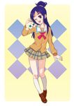  :d argyle argyle_background blue_eyes choppy creature full_body futari_wa_precure_splash_star half_updo happy jojon kneehighs loafers long_hair mishou_mai necktie one_eye_closed open_mouth ponytail precure purple_eyes purple_hair ribbon school_uniform shoes skirt smile solo two-tone_background white_legwear yuunagi_middle_school_uniform 