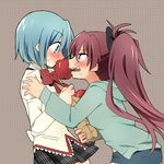  apple bad_id bad_pixiv_id bag blue_eyes blue_hair blush casual food fruit long_hair mahou_shoujo_madoka_magica miki_sayaka mitakihara_school_uniform multiple_girls open_mouth ponytail profile red_hair sakura_kyouko school_uniform shacttainw shopping_bag short_hair tears upper_body yuri 