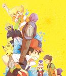  backpack bag black_hair child croagunk empoleon fingerless_gloves gloves hat hikari_(pokemon) jun_(pokemon) lowres male male_focus multiple_boys pikachu piplup poke_ball pokeball pokemon pokemon_(anime) purple_hair randoseru satoshi_(pokemon) scarf shinji_(pokemon) smile takeshi_(pokemon) 