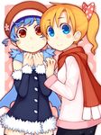  aoiko_(bachera) bachera blonde_hair blue_eyes blue_hair blue_scarf blush brown_eyes detached_sleeves hair_ribbon hat multiple_girls original pakky_(bachera) ponytail red_scarf ribbon scarf smile 