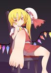  absurdres amused bad_id bad_pixiv_id barefoot blonde_hair blush body_blush chair chin_rest feet flandre_scarlet foreshortening hand_on_own_face hat headwear_removed highres knee_up naughty_face panties pantyshot pantyshot_(sitting) pov_feet red_eyes short_hair side_ponytail sitting solo spread_toes toenails toes touhou troll_face underwear yuragi_(nukomomo) 