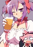  9law alcohol beer breasts cosplay cup face gloves hair_ribbon hands kaname_junko kaname_madoka kaname_madoka_(cosplay) large_breasts mahou_shoujo_madoka_magica mature md5_mismatch mother_and_daughter multiple_girls o_o oekaki one_eye_closed open_mouth parody pink_hair purple_eyes purple_hair ribbon short_twintails smile twintails 