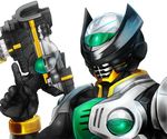  gun helmet huujyu kamen_rider kamen_rider_birth kamen_rider_ooo_(series) male_focus simple_background solo weapon white_background 