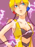  armpits bare_shoulders blonde_hair blue_eyes body_blush breasts cable cleavage closed_mouth collarbone gym_leader hair_between_eyes head_tilt headphones kamitsure_(pokemon) looking_at_viewer makoto1009 pokemon pokemon_(game) pokemon_bw purple_background short_hair simple_background sleeveless small_breasts solo upper_body 