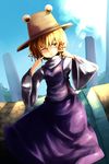  blonde_hair blush cosplay face hair_ribbon harusame_(unmei_no_ikasumi) hat lunasa_prismriver moriya_suwako moriya_suwako_(cosplay) onbashira one_eye_closed ribbon short_hair solo touhou yellow_eyes 