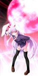  animal_ears black_legwear blazer blush bunny_ears crescent full_moon grin highres jacket lavender_hair loafers long_hair moon necktie pink_hair pleated_skirt purple_hair red_eyes red_moon reisen_udongein_inaba shoes skirt smile solo thighhighs touhou v very_long_hair wantoshi 
