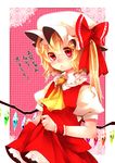 ascot bad_id bad_pixiv_id blonde_hair dress dress_lift flandre_scarlet hat highres red_eyes short_hair side_ponytail solo tears touhou translated wings yutazou 