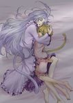  1girl bad_id bad_pixiv_id barefoot blonde_hair blush brother_and_sister closed_eyes feet final_fantasy final_fantasy_ix green_eyes highres hug kuja leg_between_thighs long_hair lying mali mikoto_(ff9) pajamas siblings silver_hair sleeping tail 