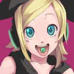  a-ka aqua_eyes bare_shoulders blonde_hair candy collarbone face food hair_ribbon headphones kagamine_rin lowres oekaki open_mouth ribbon short_hair smile solo tongue vocaloid 