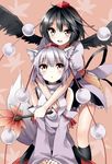  :&lt; :o animal_ears bad_id bad_pixiv_id bare_shoulders black_hair blush bon detached_sleeves hat hug hug_from_behind inubashiri_momiji multiple_girls red_eyes shameimaru_aya short_hair silver_hair smile tail tokin_hat touhou wings wolf_ears wolf_tail 