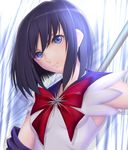  1girl bad_id bad_pixiv_id bishoujo_senshi_sailor_moon blue_eyes bob_cut bow head_tilt magical_girl no_choker purple_hair purple_sailor_collar red_bow sailor_collar sailor_saturn sailor_senshi_uniform solo tomoe_hotaru 