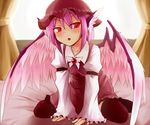  animal_ears ayagi_daifuku bed blush curtains dress hat mystia_lorelei pink_hair red_eyes short_hair sitting solo thighhighs touhou wariza wings 