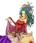  cape detached_sleeves earrings female final_fantasy final_fantasy_vi green_hair highres jewelry long_hair moogle pantyhose ponytail red_eyes simple_background sitting solo tina_branford white_background wings yuitility 