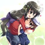  black_eyes black_hair brown_eyes brown_hair clannad dress drooling hat hug ibuki_fuuko long_hair miyai_sen multiple_girls okazaki_ushio one_eye_closed sailor_dress saliva school_uniform short_hair 