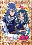  1girl :d argyle argyle_background belt blue_eyes blue_hair chroming_phantasy cobraja flower happy heartcatch_precure! kurumi_erika long_hair necktie one_eye_closed open_mouth precure shorts sidelocks smile tape_measure very_long_hair vest 