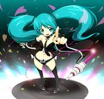  :d absurdres alternate_costume aqua_eyes aqua_hair bridal_gauntlets detached_sleeves green_eyes hatsune_miku headphones heart highres long_hair looking_at_viewer navel necktie onija_tarou open_mouth plug pointing smile solo thighhighs twintails very_long_hair vocaloid zipper 