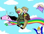  adventure_time axis_powers_hetalia blonde_hair brown_hair burger cheeseburger equine eyewear flying food glasses hair happy hetalia_axis_powers horn human ice_king lady_rainicorn long_hair lumpy_space_princess mammal rainbow rainicorn short_hair sky the_ice_king unicorn unknown_artist 