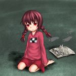  aosora_(mizore) baggy_eyes bags_under_eyes barefoot crying footprints insomnia madotsuki pigtails red_eyes short_twintails skirt sweater tears translated twintails yume_nikki 