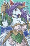  armor big_breasts breasts cleavage dagger female horns legend_of_mana ryou sierra solo torn_clothing weapon 