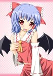  bat_wings blue_hair blush bow cosplay detached_sleeves dress fang hair_bow hair_tubes hakurei_reimu hakurei_reimu_(cosplay) hand_on_own_chest highres midriff neats open_mouth red_dress red_eyes remilia_scarlet solo touhou wings 
