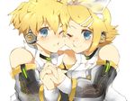  1girl aqua_eyes arm_warmers bad_id bad_pixiv_id blonde_hair brother_and_sister hair_ornament hair_ribbon hairclip headphones kagamine_len kagamine_len_(append) kagamine_rin kagamine_rin_(append) one_eye_closed ribbon short_hair siblings smile twins uminuko vocaloid vocaloid_append wince 