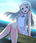  ano_hi_mita_hana_no_namae_wo_bokutachi_wa_mada_shiranai. bad_id bad_pixiv_id bare_legs bare_shoulders blue_eyes blue_hair blue_sky blush day dutch_angle honma_meiko kasai_shin legs long_hair open_mouth sitting sky sleeveless smile solo v 