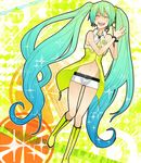 aqua_hair blush hatsune_miku headset long_hair midriff navel open_mouth project_diva_(series) project_diva_2nd shorts smile solo sparkle tomakoma twintails very_long_hair vocaloid yellow_(vocaloid) 