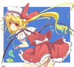  aa44 blonde_hair blush bow flandre_scarlet hat looking_back orange_eyes side_ponytail solo touhou wings 