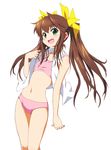  :d bare_legs bare_shoulders bra brown_hair fang flat_chest green_eyes haniwa_(near) huang_lingyin infinite_stratos lingerie long_hair looking_at_viewer midriff navel open_clothes open_mouth open_shirt open_vest panties pink_bra pink_panties ribbon shirt simple_background smile solo sports_bra twintails underwear vest white_background 