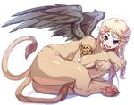  blonde_hair blue_eyes braid cat_eyes chimera female full_body fur hair_ribbon lion long_hair lying monster_girl multi_tail multiple_tails open_mouth pawpads paws pixiv117096 ribbon shisyonemu simple_background slit_pupils solo sphinx tail white_background wings 